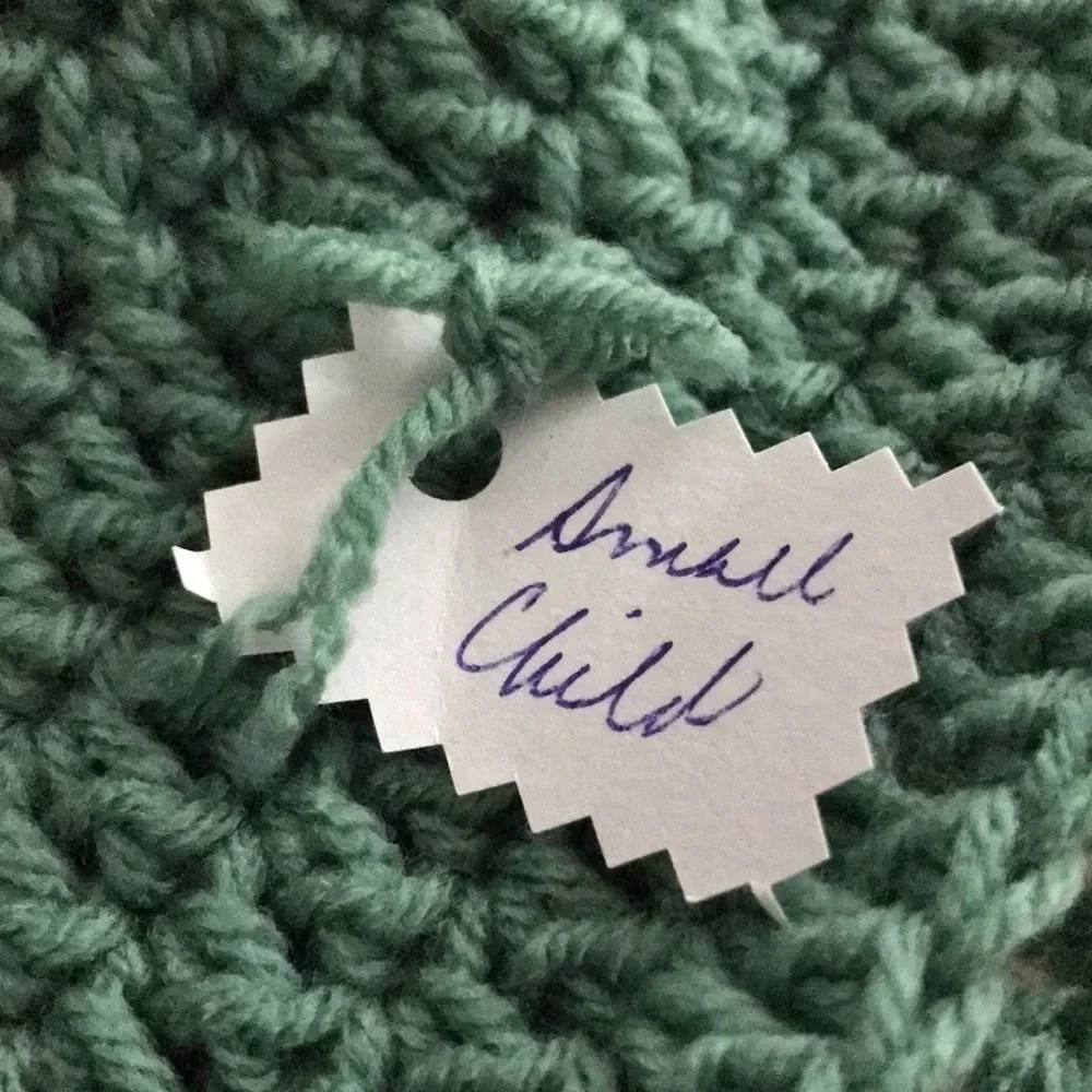 Pair of Handmade‎ Knit Kids Winter Hats Pompom Coral and Teal Color Block
